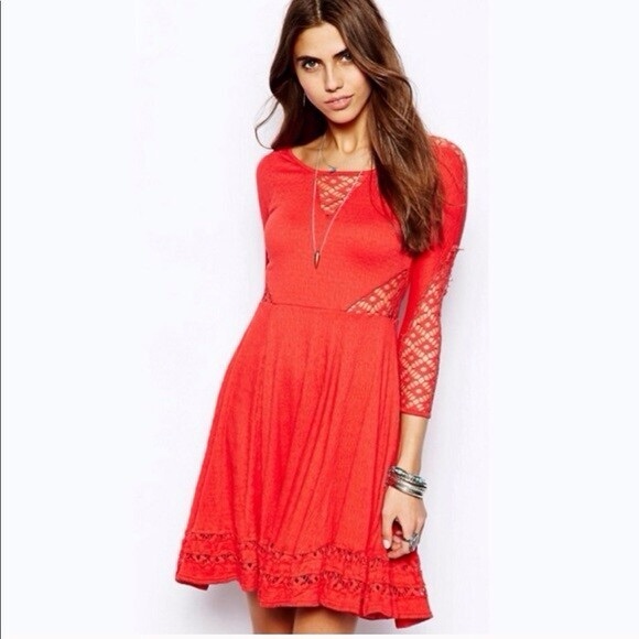 Free People Red Lace Cut out Detail Dress Size Medium - Picture 1 of 8